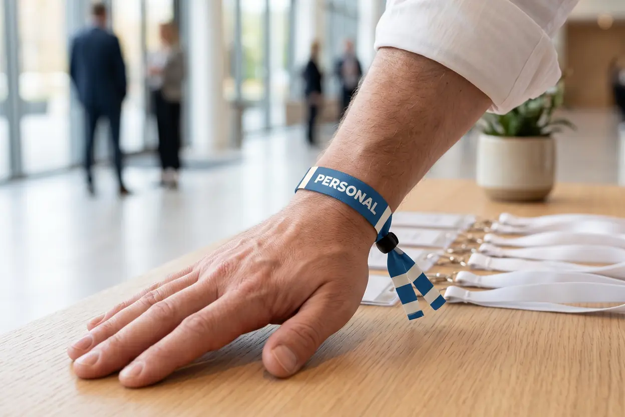 Hand på registreringsdisken med ett blått tygband, PERSONAL, bredvid namnbrickor
