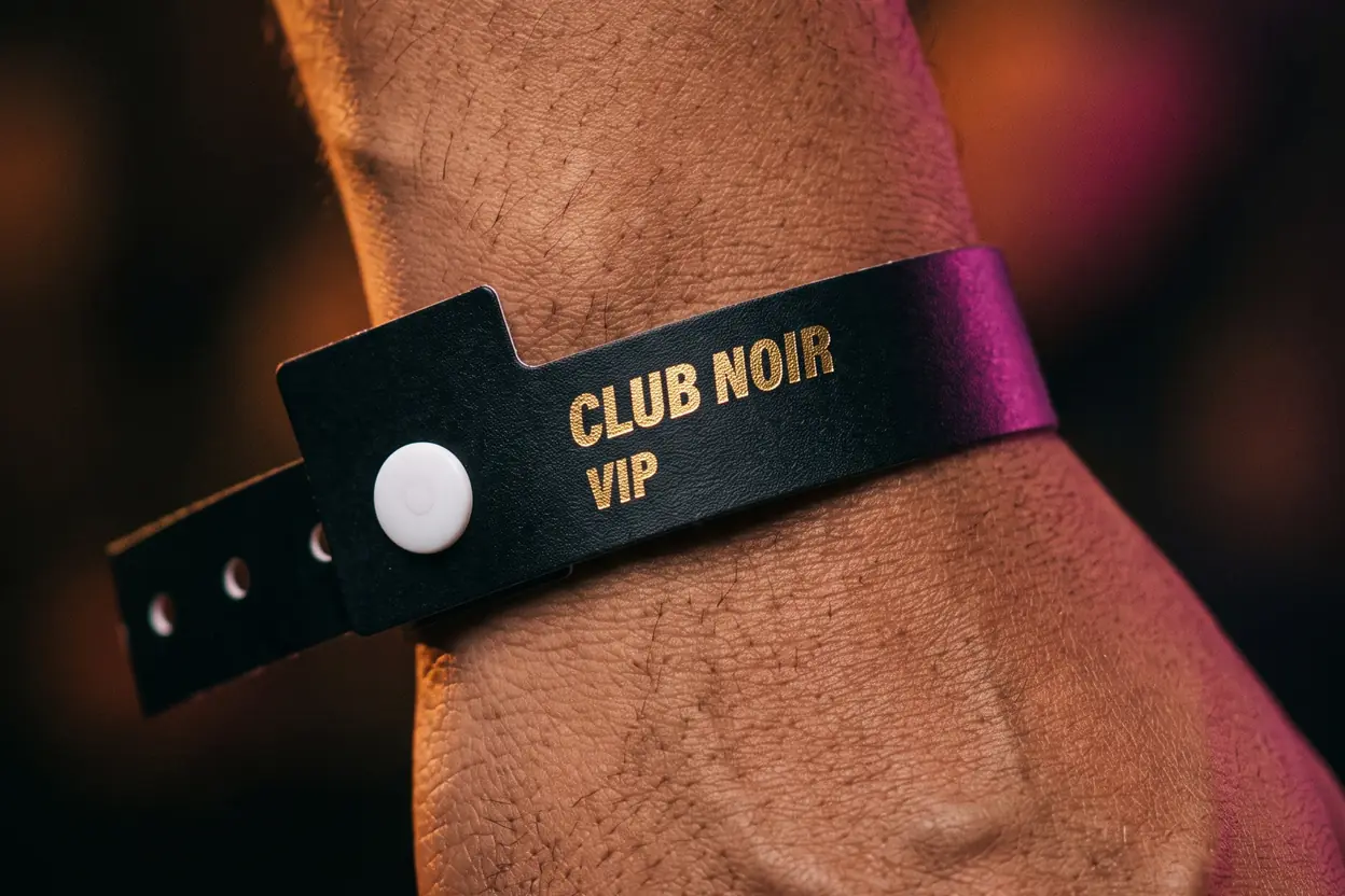 Nahaufnahme eines schwarzen Vinylbands mit Golddruck CLUB NOIR VIP und weißem Druckknopf am Handgelenk